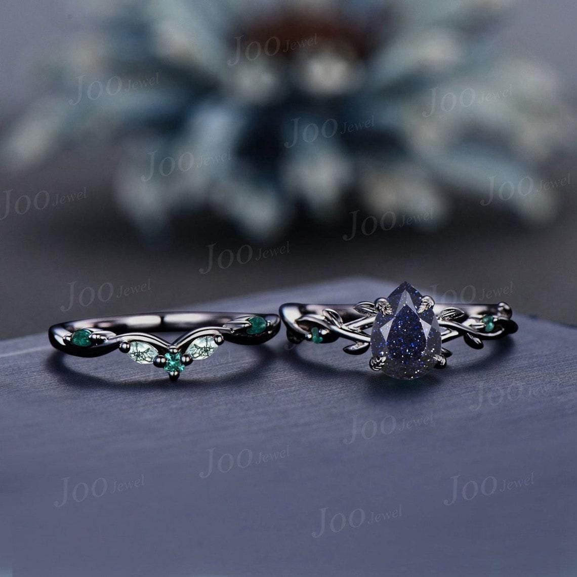 Vintage Galaxy Blue Sandstone Engagement Ring Set Black Gold Pear Cut Bridal Set Green Agate Emerald Curved Band Twig Vine Wedding Ring Set