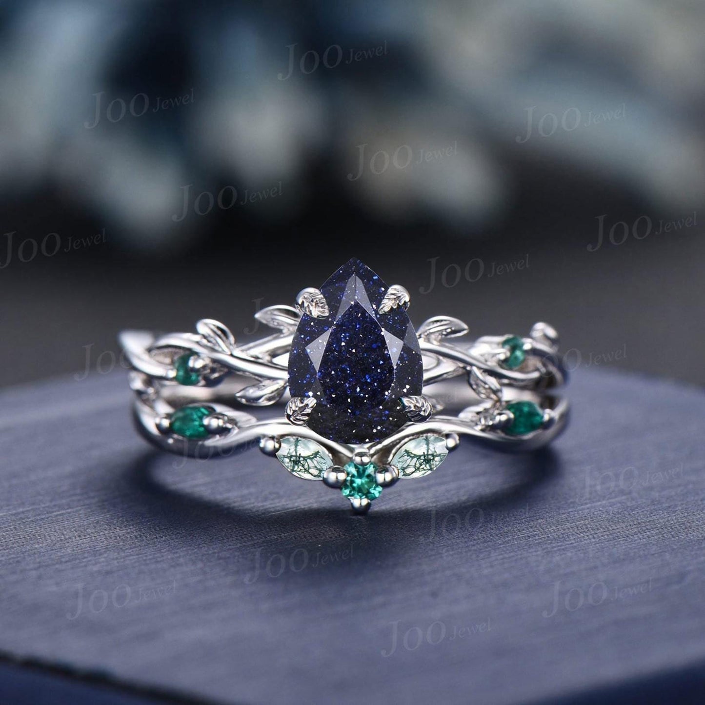 Vintage Galaxy Blue Sandstone Engagement Ring Set Black Gold Pear Cut Bridal Set Green Agate Emerald Curved Band Twig Vine Wedding Ring Set