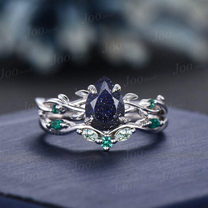 Vintage Galaxy Blue Sandstone Engagement Ring Set Black Gold Pear Cut Bridal Set Green Agate Emerald Curved Band Twig Vine Wedding Ring Set