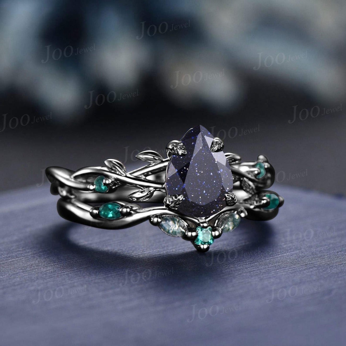 Vintage Galaxy Blue Sandstone Engagement Ring Set Black Gold Pear Cut Bridal Set Green Agate Emerald Curved Band Twig Vine Wedding Ring Set