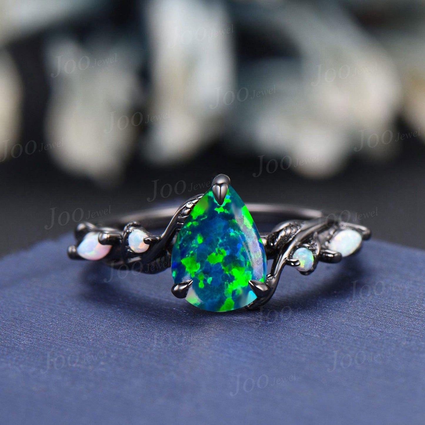 1.25ct Pear Black Opal Wedding Ring Set 10K Black Gold Branch Vine Black Engagement Ring Antique Fire Opal Ring for Women Black Bridal Ring