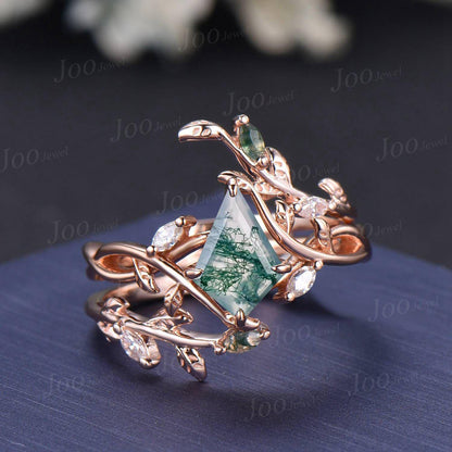 Nature Inspired Kite Cut Natural Moss Agate Leafy Bridal Ring Sets Sterling Silver Leaf Enhancer Band Twisted Bypass Wedding Ring for Women