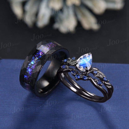 Black Ceramic Tungsten Band For Men, Black Wedding Ring Set, Natural Pear Blue Moonstone Sapphire Sterling Silver ring, Couple Promise Rings
