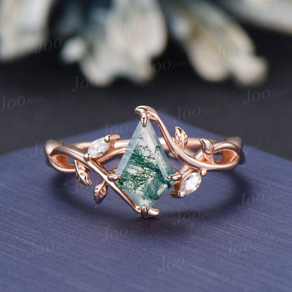Nature Inspired Kite Cut Natural Moss Agate Leafy Bridal Ring Sets Sterling Silver Leaf Enhancer Band Twisted Bypass Wedding Ring for Women
