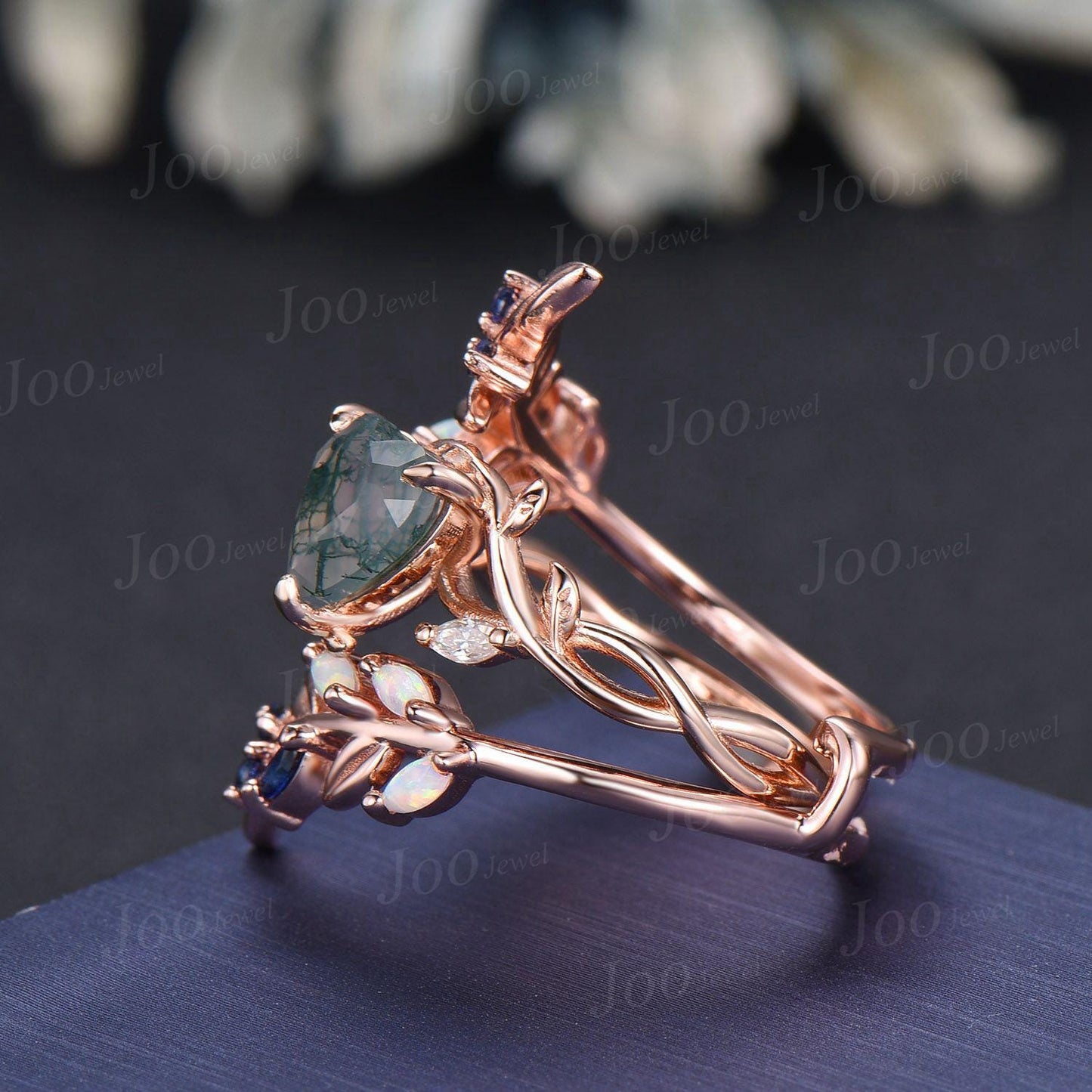 Natural Moss Agate Heart Engagement Ring Set,14K Rose Gold Leaf Enhancer Opal Sapphire Band, Branch Vine Bypass Bridal Set, Anniversary Gift
