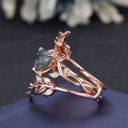 Natural Moss Agate Heart Engagement Ring Set,14K Rose Gold Leaf Enhancer Opal Sapphire Band, Branch Vine Bypass Bridal Set, Anniversary Gift