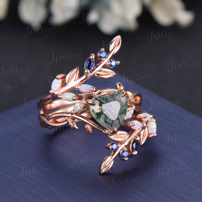 Natural Moss Agate Heart Engagement Ring Set,14K Rose Gold Leaf Enhancer Opal Sapphire Band, Branch Vine Bypass Bridal Set, Anniversary Gift