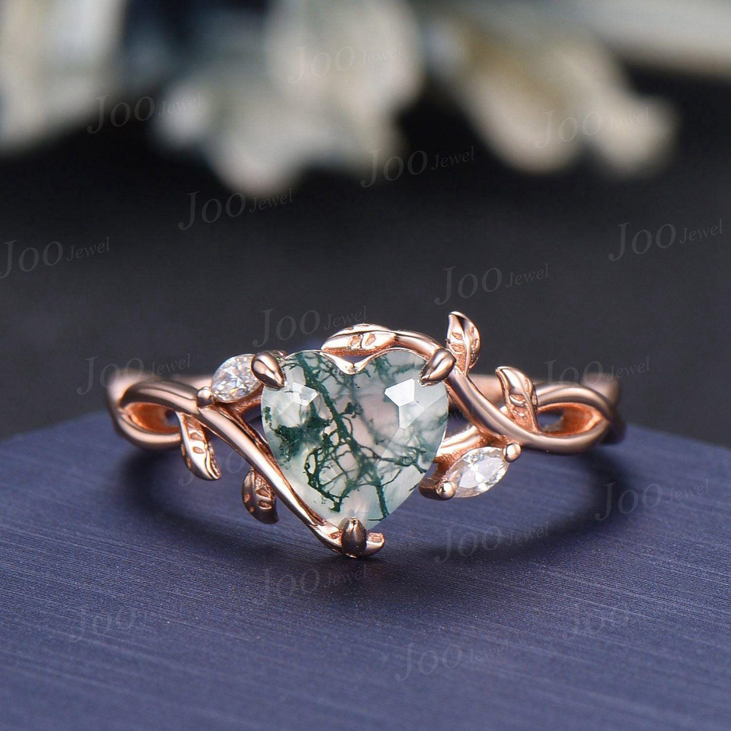 Natural Moss Agate Heart Engagement Ring Set,14K Rose Gold Leaf Enhancer Opal Sapphire Band, Branch Vine Bypass Bridal Set, Anniversary Gift