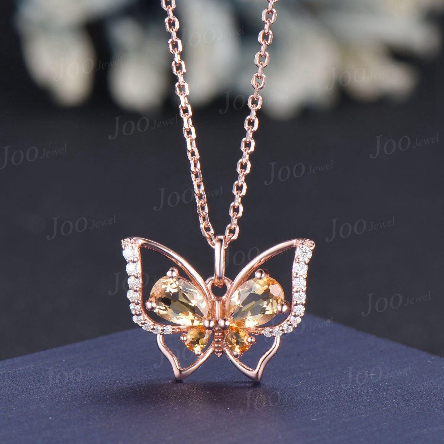 Teardrop Genuine Citrine Butterfly Necklace Dainty Vintage 14K Yellow Gold Vintage Crystal Spring Pendant Unique November Birthstone Gifts