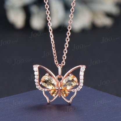 Teardrop Genuine Citrine Butterfly Necklace Dainty Vintage 14K Yellow Gold Vintage Crystal Spring Pendant Unique November Birthstone Gifts