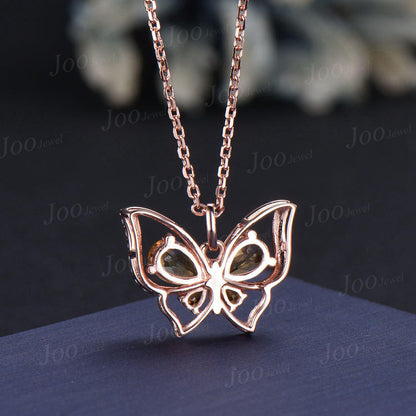 Teardrop Genuine Citrine Butterfly Necklace Dainty Vintage 14K Yellow Gold Vintage Crystal Spring Pendant Unique November Birthstone Gifts