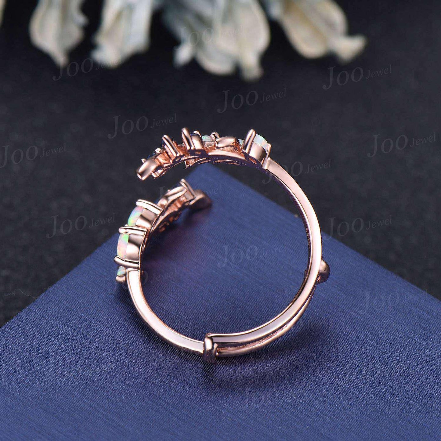 Vintage Opal Pearl Leaf Enhancer Nature Wedding Band Nesting Stacking Matching Ring Solid 14K Rose Gold Jacket Double Wedding Band Women
