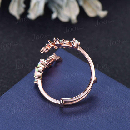 Vintage Opal Pearl Leaf Enhancer Nature Wedding Band Nesting Stacking Matching Ring Solid 14K Rose Gold Jacket Double Wedding Band Women