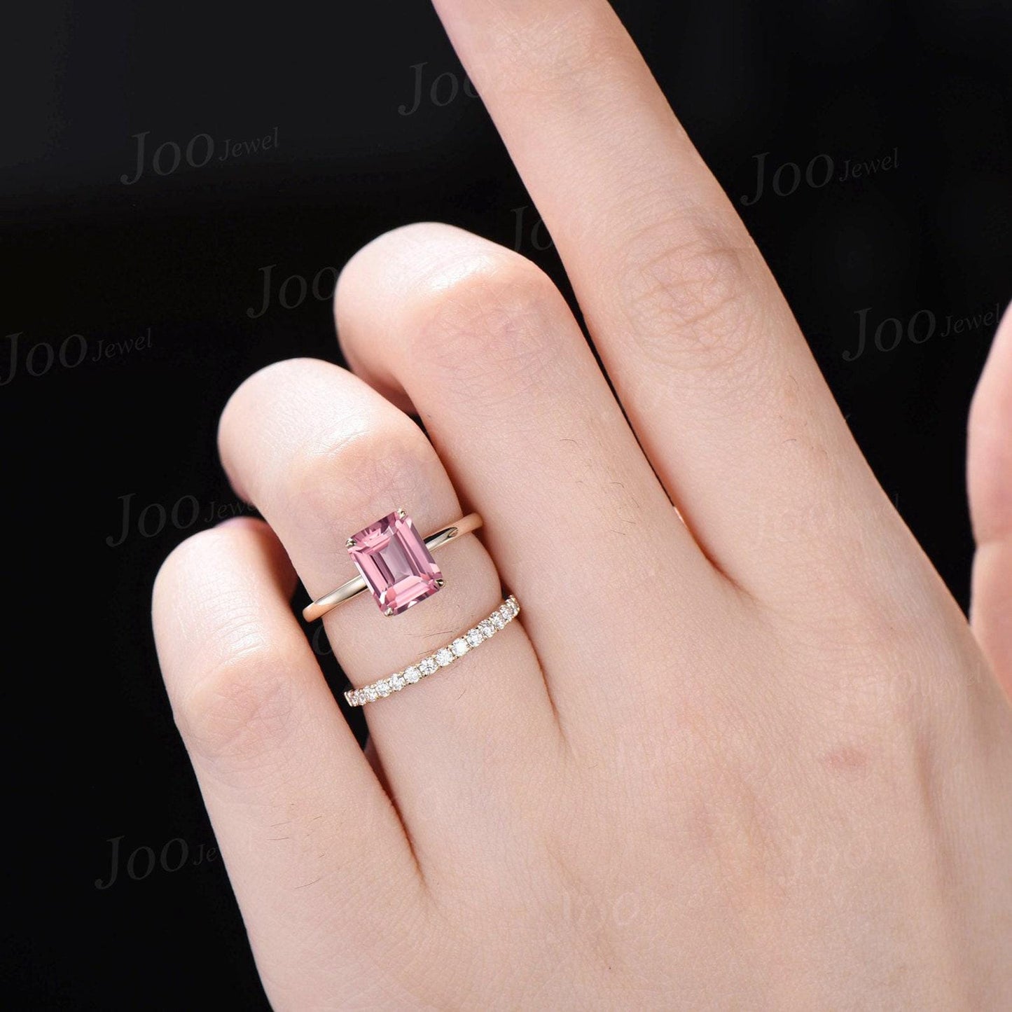 2ct Emerald Cut Pink Sapphire Hidden Halo Engagement Ring Solid 10K Gold Padparadscha Solitaire Wedding Bridal Ring Romantic Promise Gifts