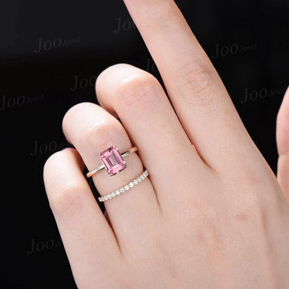 2ct Emerald Cut Pink Sapphire Hidden Halo Engagement Ring Solid 10K Gold Padparadscha Solitaire Wedding Bridal Ring Romantic Promise Gifts