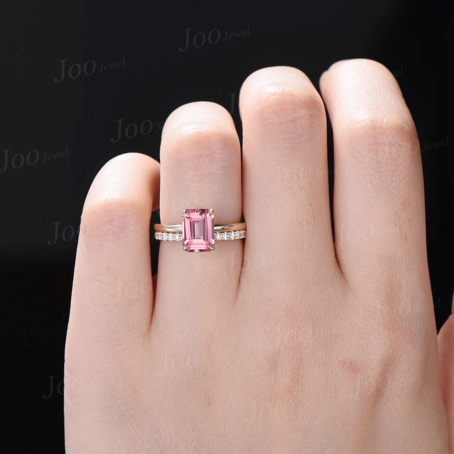 2ct Emerald Cut Pink Sapphire Hidden Halo Engagement Ring Solid 10K Gold Padparadscha Solitaire Wedding Bridal Ring Romantic Promise Gifts