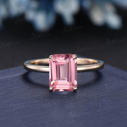 2ct Emerald Cut Pink Sapphire Hidden Halo Engagement Ring Solid 10K Gold Padparadscha Solitaire Wedding Bridal Ring Romantic Promise Gifts