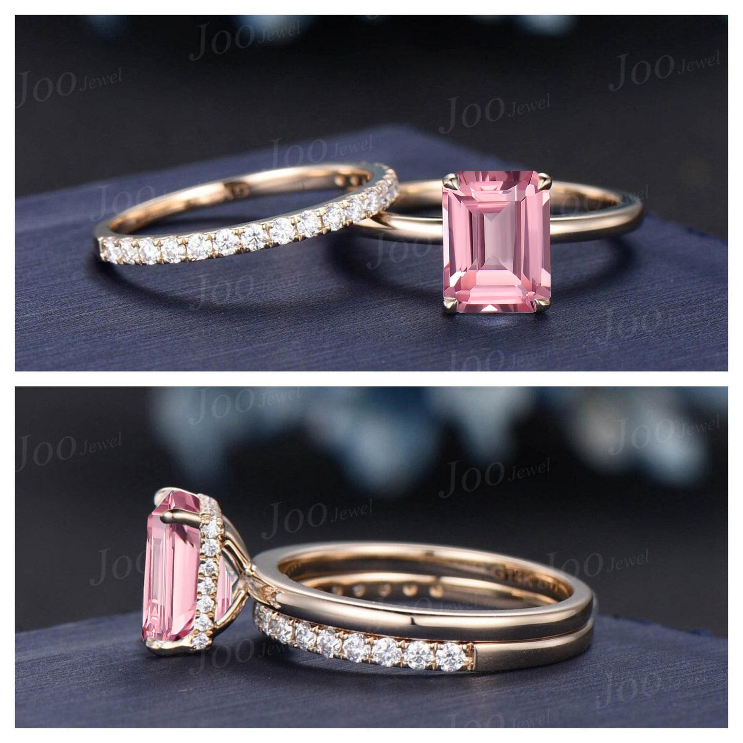 2ct Emerald Cut Pink Sapphire Hidden Halo Engagement Ring Solid 10K Gold Padparadscha Solitaire Wedding Bridal Ring Romantic Promise Gifts