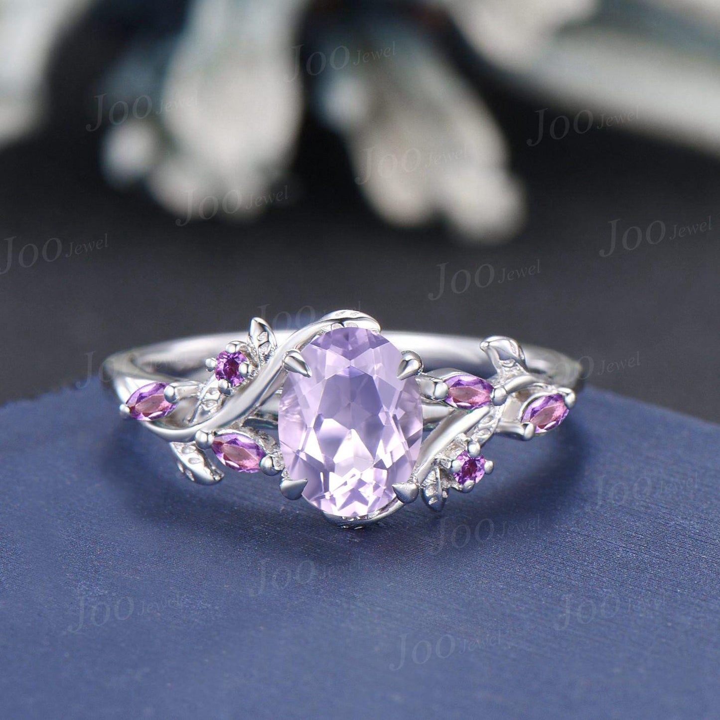 1.5ct Nature Inspired Oval Cut Natural Lavender Amethyst Bridal Set Sterling Silver Branch Leaf Vine Amethyst Ring Set Art Deco Cluster Ring