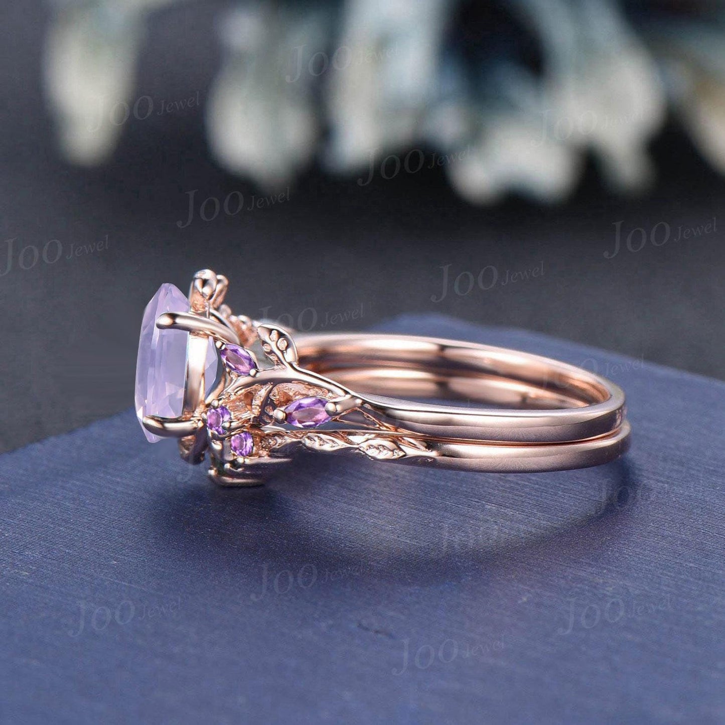 1.5ct Nature Inspired Oval Cut Natural Lavender Amethyst Bridal Set Sterling Silver Branch Leaf Vine Amethyst Ring Set Art Deco Cluster Ring