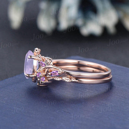 1.5ct Nature Inspired Oval Cut Natural Lavender Amethyst Bridal Set Sterling Silver Branch Leaf Vine Amethyst Ring Set Art Deco Cluster Ring