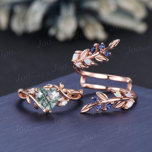 Natural Moss Agate Heart Engagement Ring Set,14K Rose Gold Leaf Enhancer Opal Sapphire Band, Branch Vine Bypass Bridal Set, Anniversary Gift