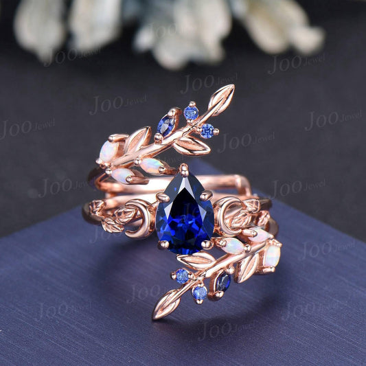 Pear Cut Blue Sapphire Moon Leaf Engagement Ring Set,14K Rose Gold Opal Sapphire Wrap Bypass Enhancer Vine Band, Branch Bridal Set for Women