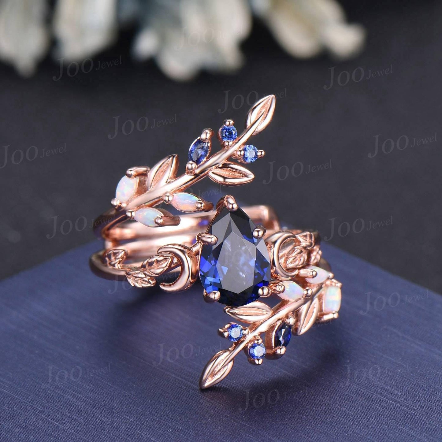 Pear Cut Blue Sapphire Moon Leaf Engagement Ring Set,14K Rose Gold Opal Sapphire Wrap Bypass Enhancer Vine Band, Branch Bridal Set for Women