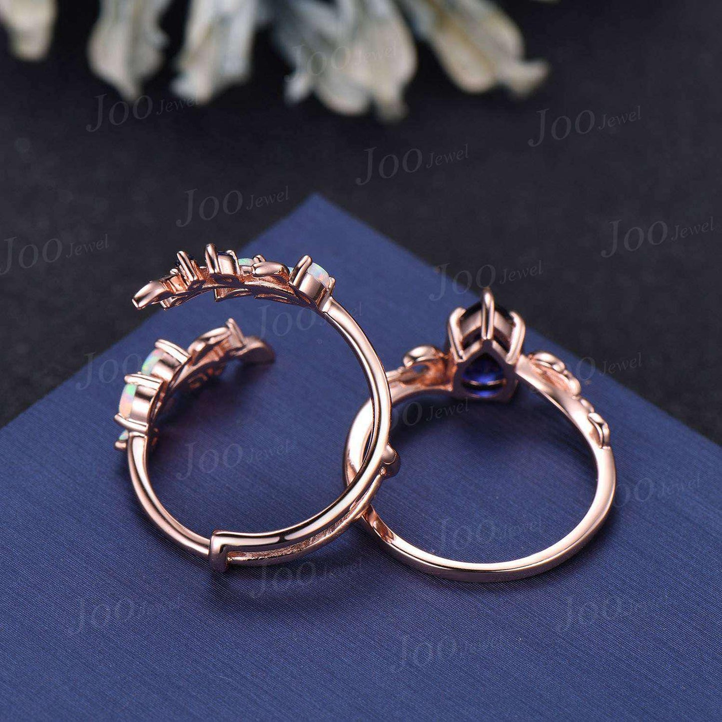 Pear Cut Blue Sapphire Opal Moon Leaf Engagement Ring, Rose Gold Blue Sapphire Wrap Bypass Enhancer Vine Band, Branch Bridal Set for Women