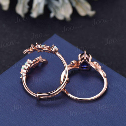 Pear Cut Blue Sapphire Opal Moon Leaf Engagement Ring, Rose Gold Blue Sapphire Wrap Bypass Enhancer Vine Band, Branch Bridal Set for Women