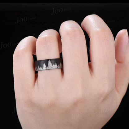 8mm Tungsten Carbide Men's Black Forest Tree Band, Whiskey Barrel Wood Tungsten Ring, Men Wedding Anniversary Band, Black Engagement Rings