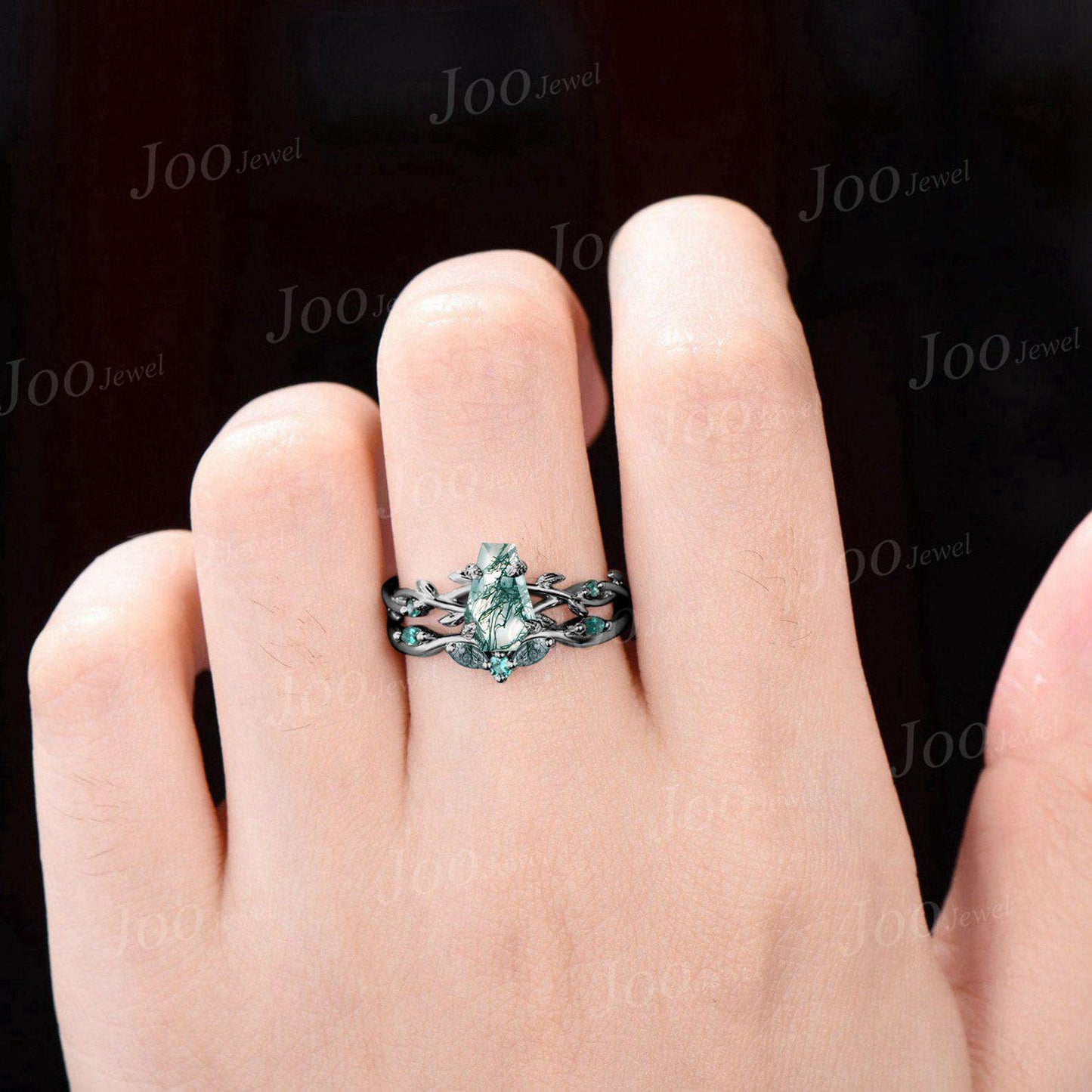 Black Gold Natural Green Moss Agate Emerald Bridal Ring Set Twig Vine Coffin Cut Moss Agate Wedding Ring Goth Black Promise Rings for Women