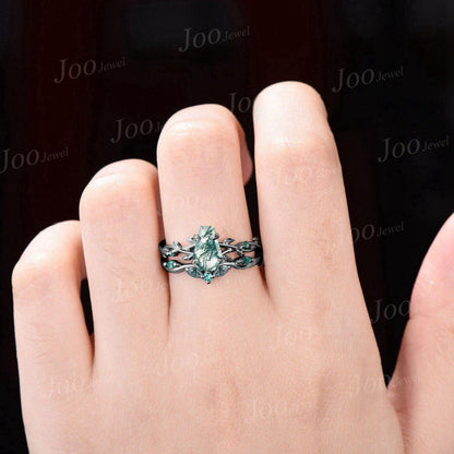 Black Gold Natural Green Moss Agate Emerald Bridal Ring Set Twig Vine Coffin Cut Moss Agate Wedding Ring Goth Black Promise Rings for Women