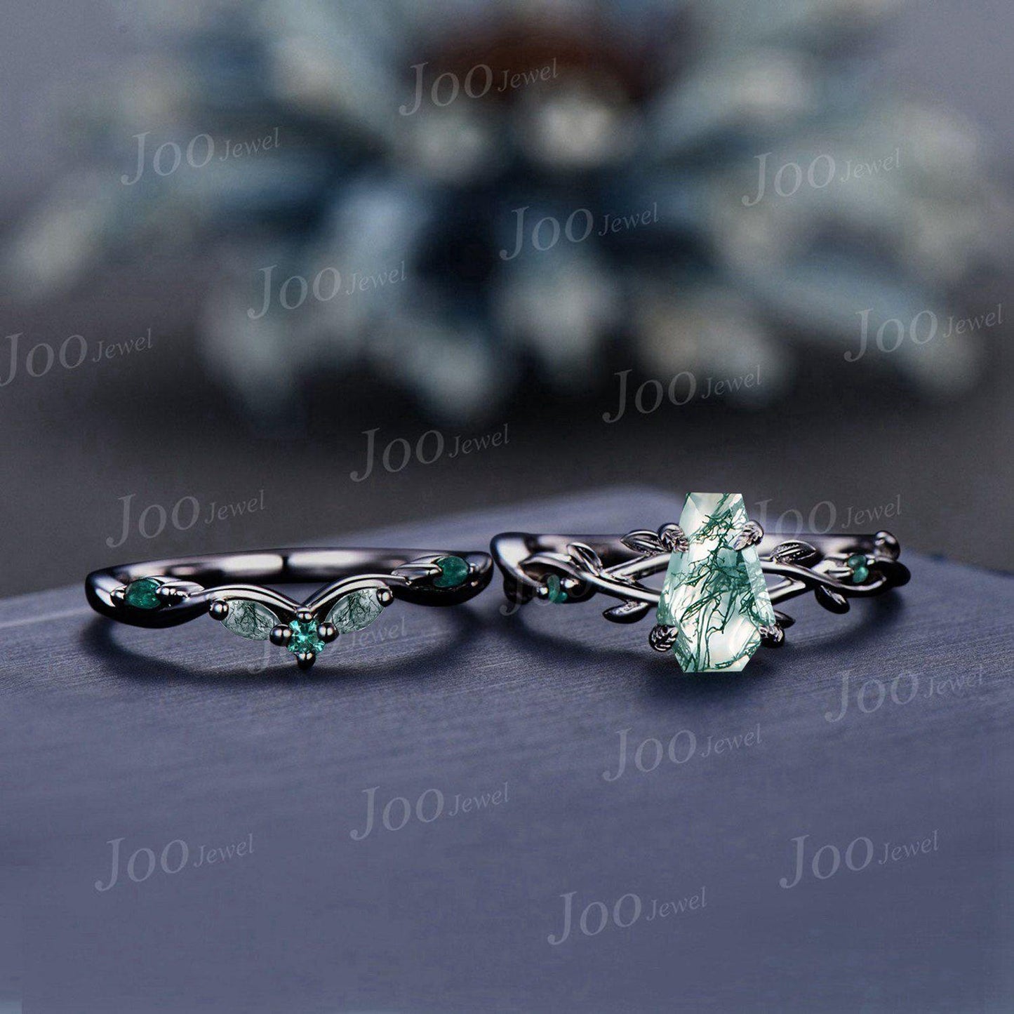 Black Gold Natural Green Moss Agate Emerald Bridal Ring Set Twig Vine Coffin Cut Moss Agate Wedding Ring Goth Black Promise Rings for Women