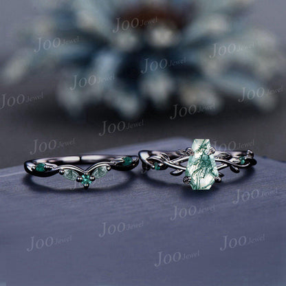 Black Gold Natural Green Moss Agate Emerald Bridal Ring Set Twig Vine Coffin Cut Moss Agate Wedding Ring Goth Black Promise Rings for Women