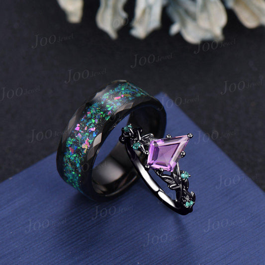 1ct Kite Cut Natural Amethyst Emerald Twig Vine Ring Black Ceramic Tungsten Band for Men Wear-resistant Ring Matching Ring Set for Couple