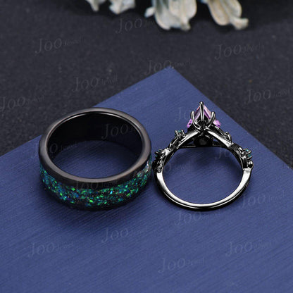 1ct Kite Cut Natural Amethyst Emerald Twig Vine Ring Black Ceramic Tungsten Band for Men Wear-resistant Ring Matching Ring Set for Couple