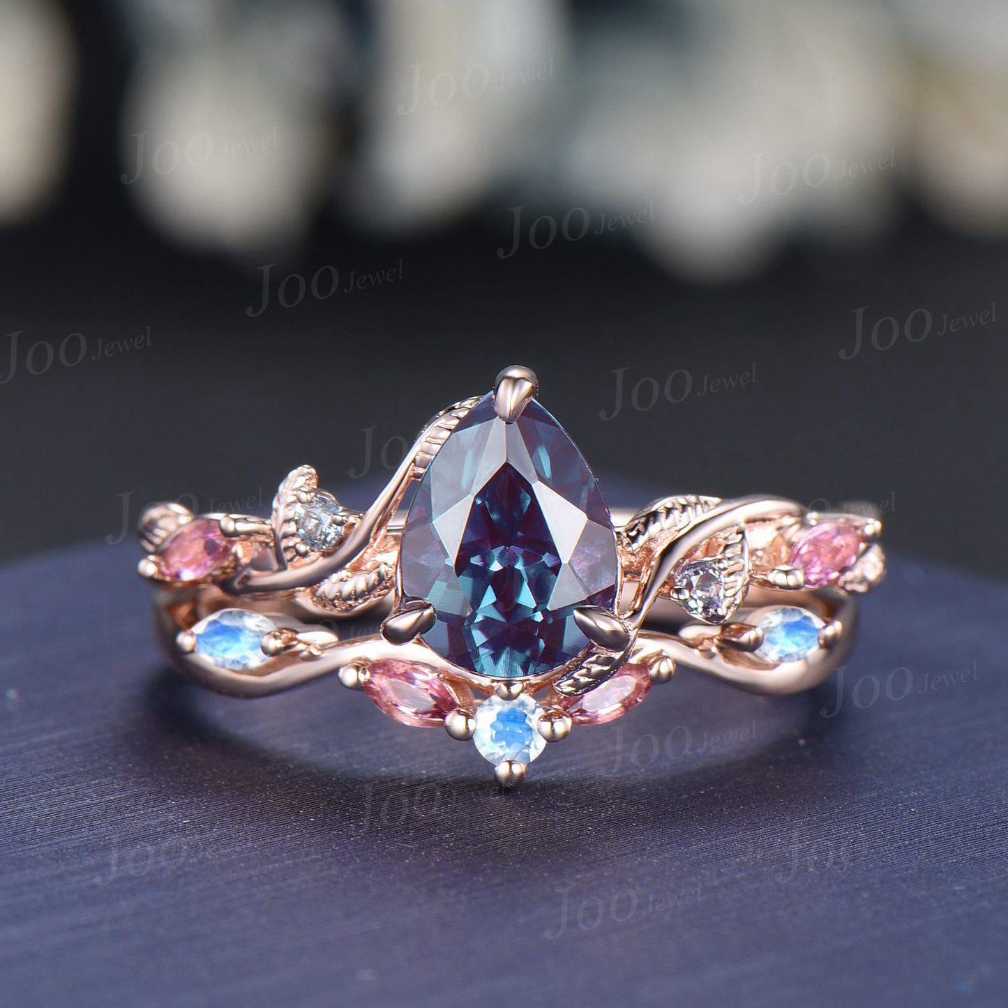 1.25ct Nature Inspired Pear Cut Color-Change Alexandrite Pink Tourmaline Bridal Set Twig Vine Engagement Ring June Birthstone Birthday Gifts