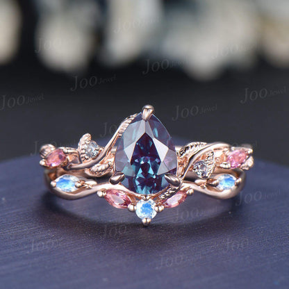 1.25ct Nature Inspired Pear Cut Color-Change Alexandrite Pink Tourmaline Bridal Set Twig Vine Engagement Ring June Birthstone Birthday Gifts