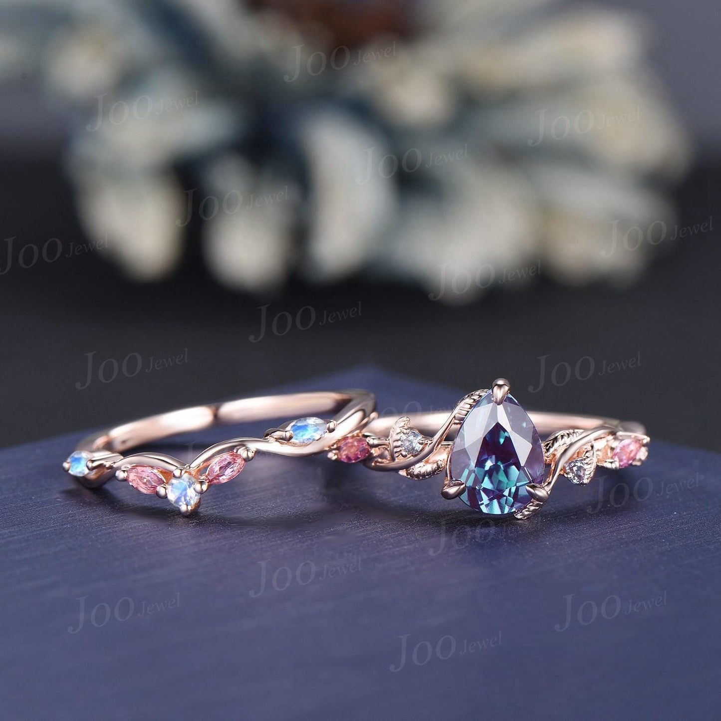1.25ct Nature Inspired Pear Cut Color-Change Alexandrite Pink Tourmaline Bridal Set Twig Vine Engagement Ring June Birthstone Birthday Gifts