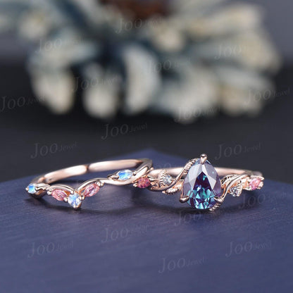1.25ct Nature Inspired Pear Cut Color-Change Alexandrite Pink Tourmaline Bridal Set Twig Vine Engagement Ring June Birthstone Birthday Gifts
