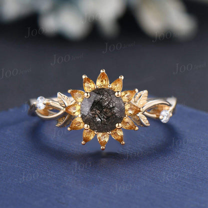 Sunflower Wedding Ring Solid 10K Gold Natural Citrine Black Rutilated Quartz Twisted Vine Floral Engagement Ring for Women Birthday Gifts