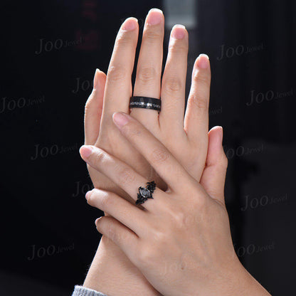 Natural Black Rutilated Quartz Couple Ring Set Black Tungsten Meteorite Men's No-Fading Wedding Ring His And Hers Gothic Silver Wedding Ring