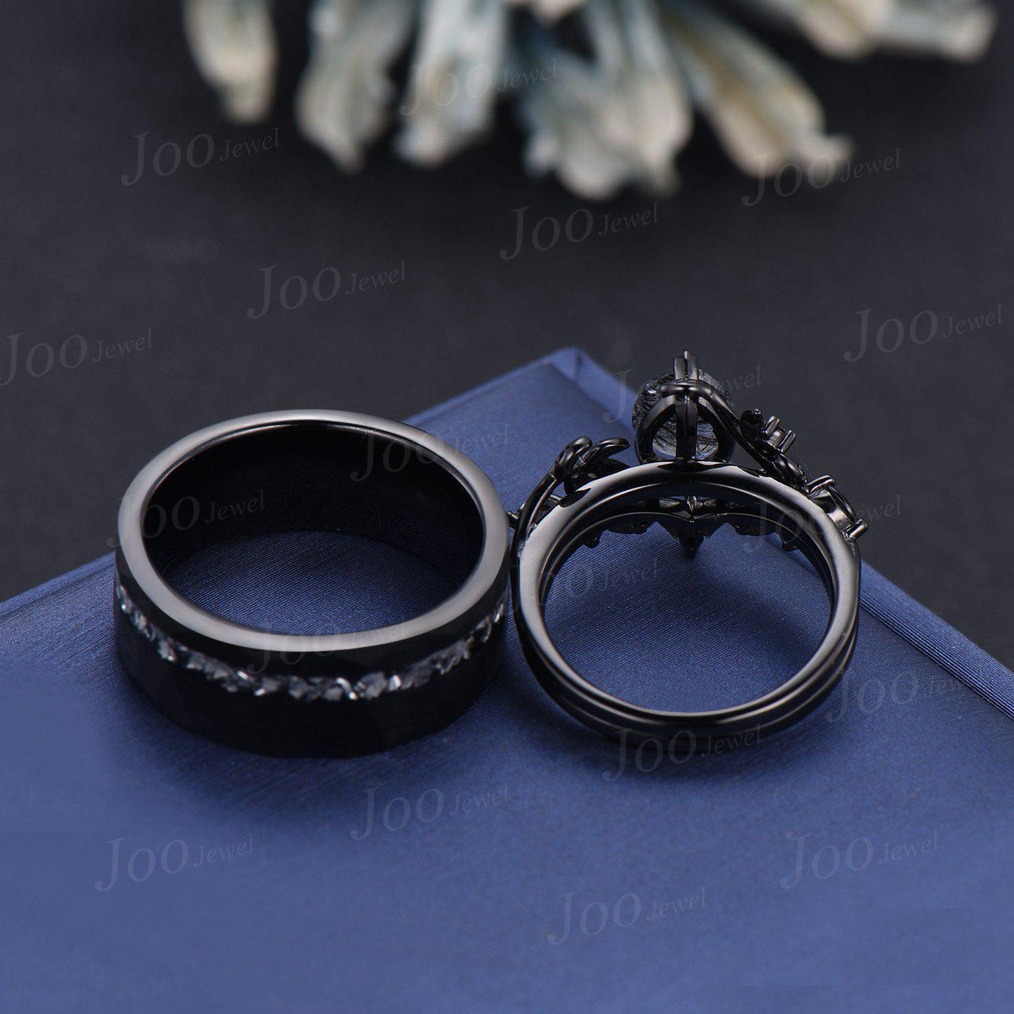 Natural Black Rutilated Quartz Couple Ring Set Black Tungsten Meteorite Men's No-Fading Wedding Ring His And Hers Gothic Silver Wedding Ring
