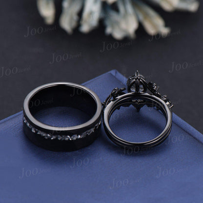 Natural Black Rutilated Quartz Couple Ring Set Black Tungsten Meteorite Men's No-Fading Wedding Ring His And Hers Gothic Silver Wedding Ring