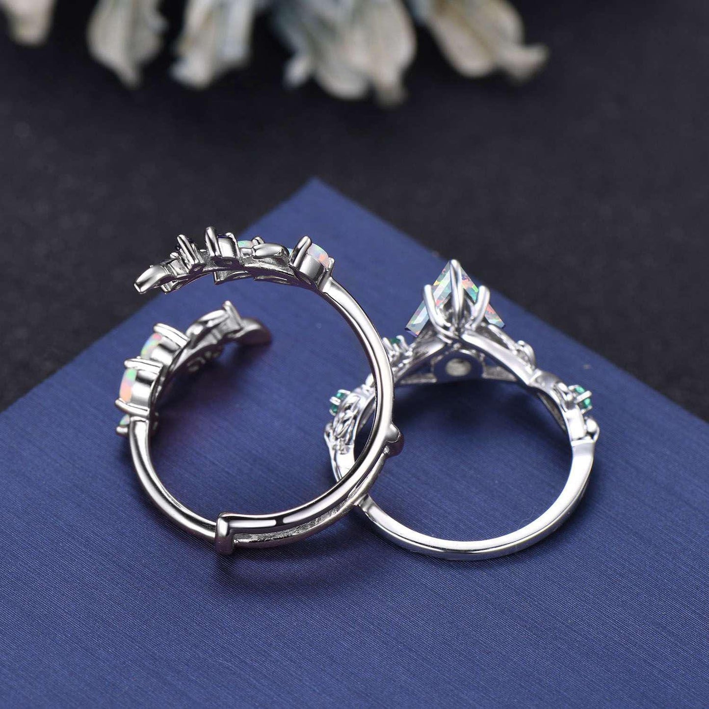1.5ct Kite Cut White Opal Leaf Vine Bypass Bridal Ring Personalized Birthstone Family Lover Ring Enhancer Wedding Band Nature Inspired Ring