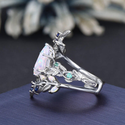 1.5ct Kite Cut White Opal Leaf Vine Bypass Bridal Ring Personalized Birthstone Family Lover Ring Enhancer Wedding Band Nature Inspired Ring