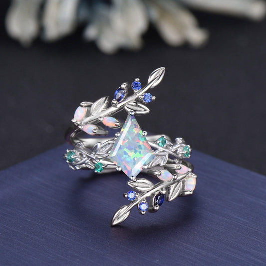 1.5ct Kite Cut White Opal Leaf Vine Bypass Bridal Ring Personalized Birthstone Family Lover Ring Enhancer Wedding Band Nature Inspired Ring