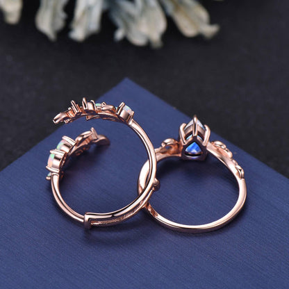 Pear Cut Natural Moonstone Solitaire Bridal Ring 14K Solid Gold Enchanted Vine Bypass Wedding Band Opal Blue Sapphire Leaf Moon Ring Women