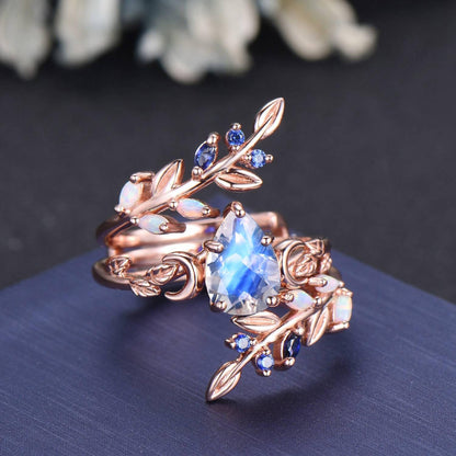 Pear Cut Natural Moonstone Solitaire Bridal Ring 14K Solid Gold Enchanted Vine Bypass Wedding Band Opal Blue Sapphire Leaf Moon Ring Women